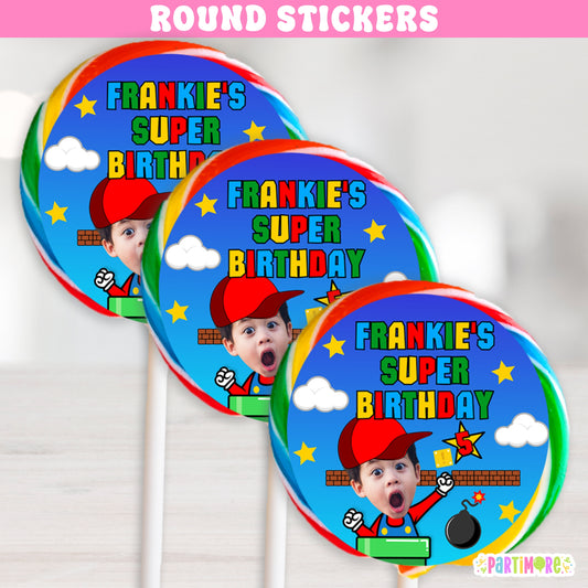 Personalized Red Hat Gamer Lollipop Round Stickers | Custom Colorful Classic Arcade Party Favor Labels