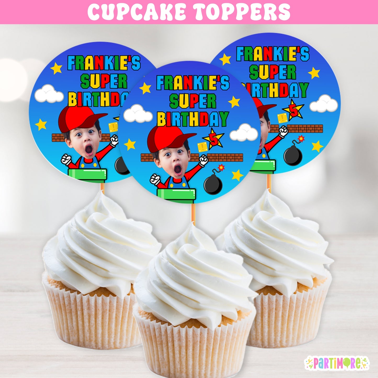 Red Hat Gamer Cupcake Toppers | Personalized Classic Arcade Gaming Birthday Party Decorations