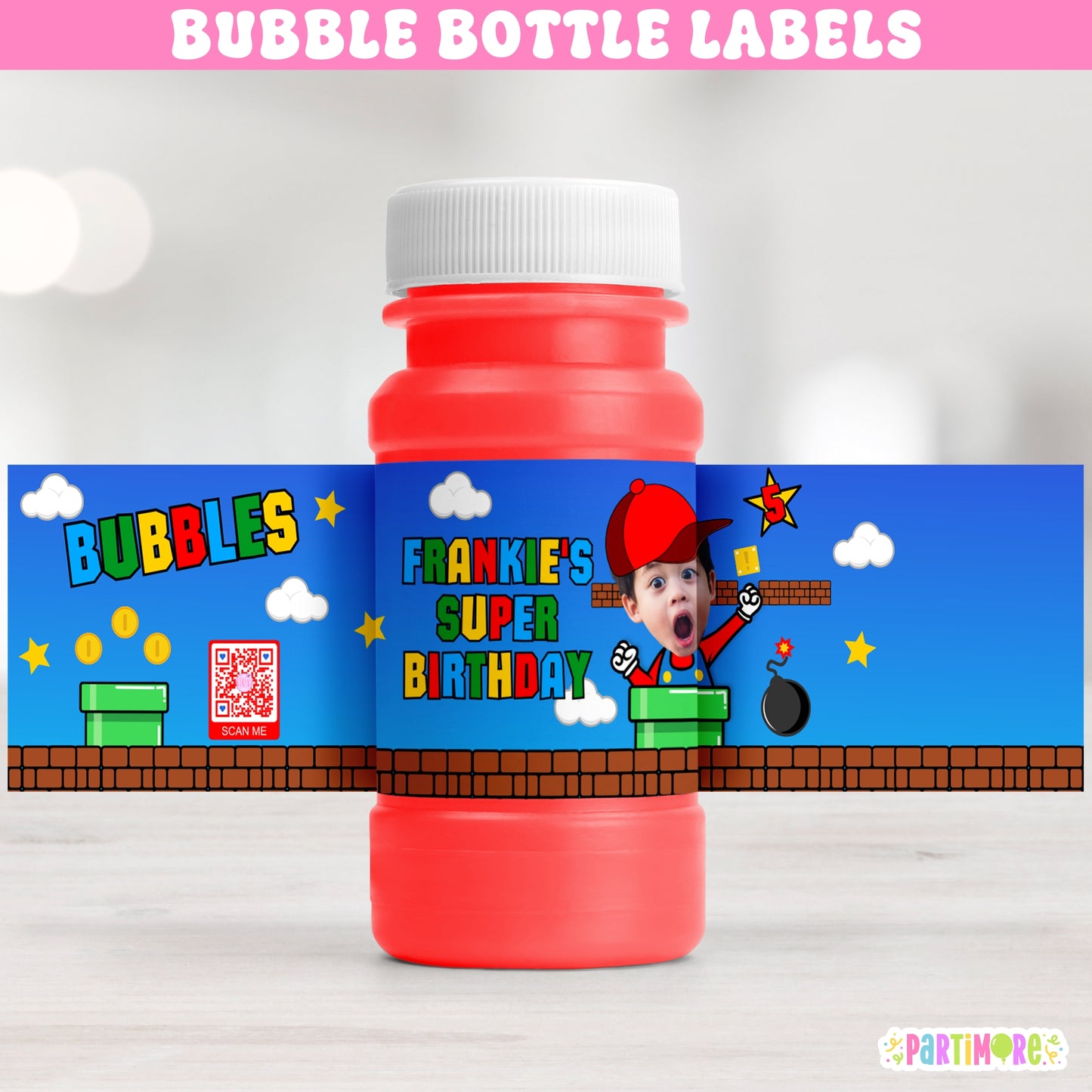 Personalized Red Hate Gamer Bubble Bottle Labels | Retro Power Up Party Favors | Classic Gamer Birthday Stickers