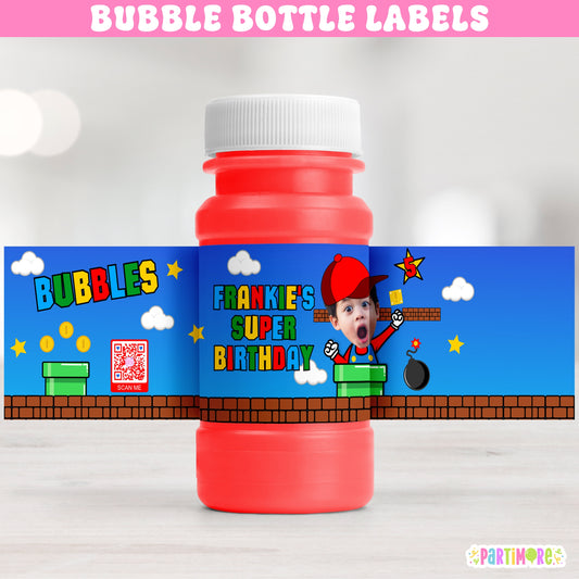 Personalized Red Hate Gamer Bubble Bottle Labels | Retro Power Up Party Favors | Classic Gamer Birthday Stickers