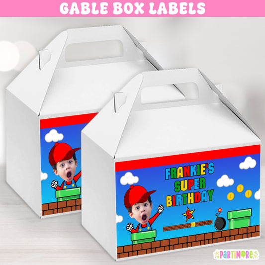 Red Hat Gamer Gable Box Labels | Personalized Level Up Party Favor Stickers | Colorful Arcade Birthday Decor