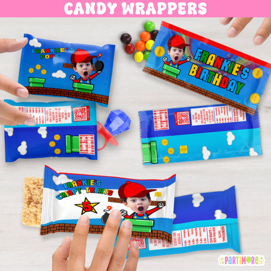 Custom Red Hat Gamer Candy Wrappers | Personalized Classic Arcade Game Birthday Favors
