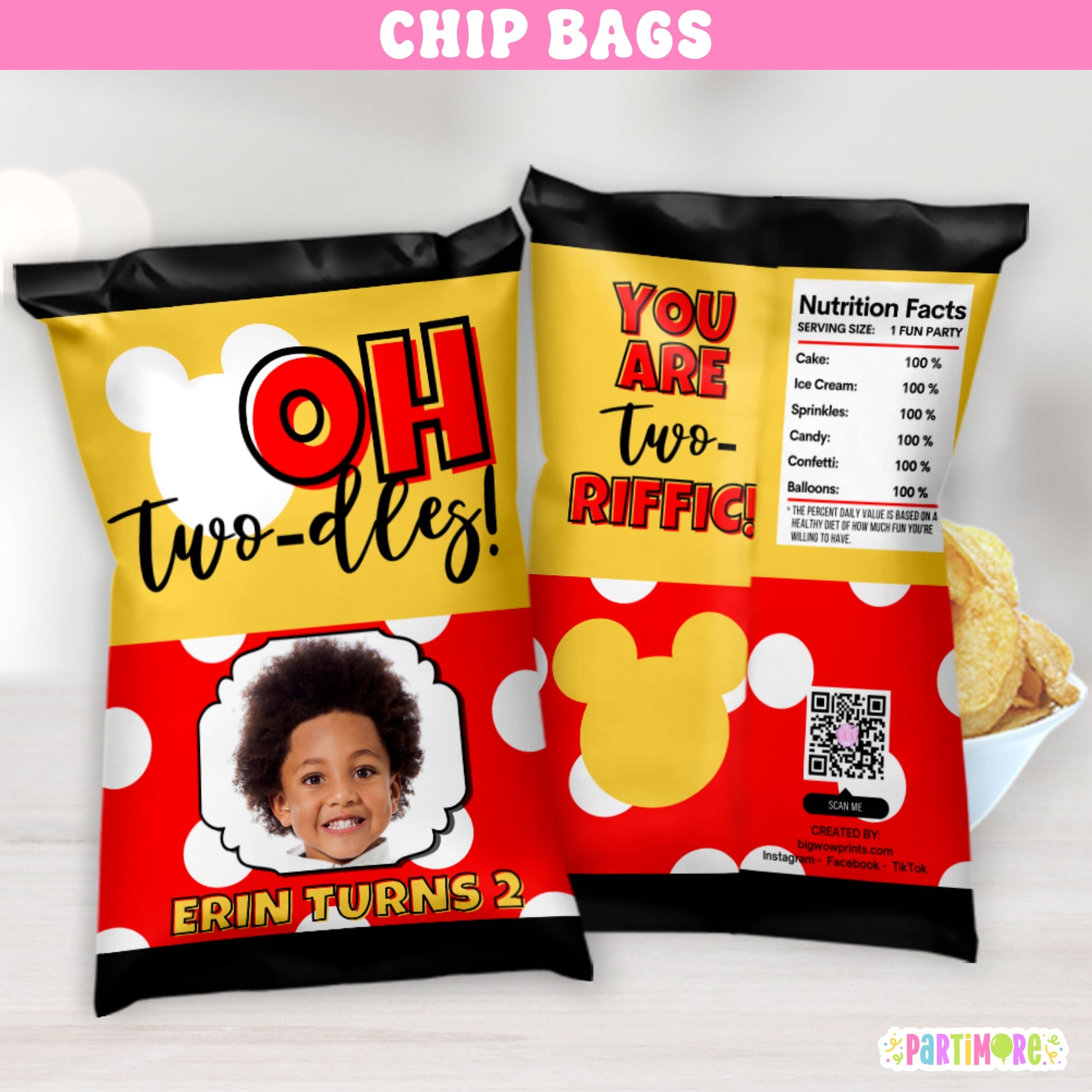 Custom mouse chip bag wrappers in black, yellow, and red with white polka dots and cartoon design. Personalized snack bags for boys’ Oh Twodles 2nd birthday and clubhouse style parties