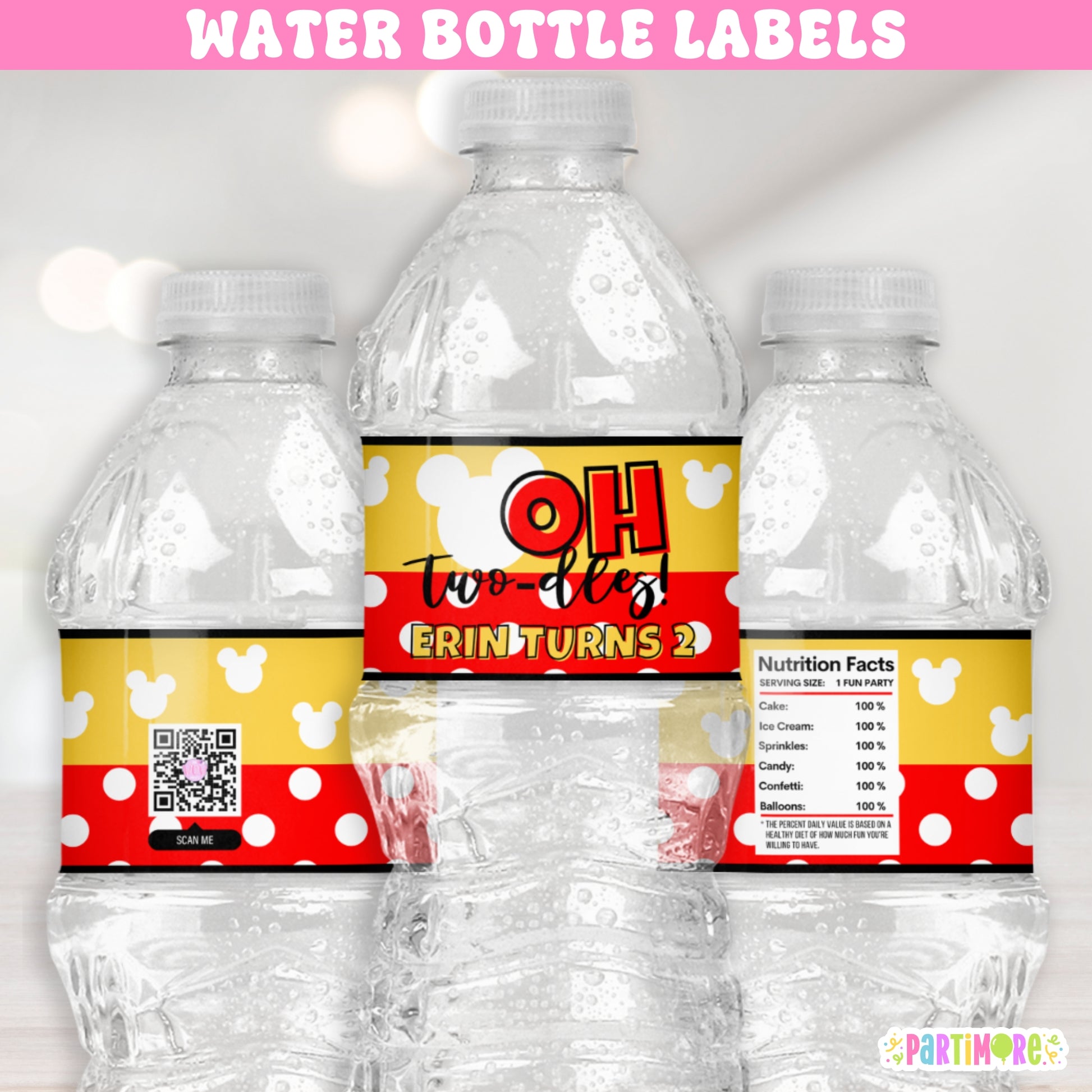 Boy mouse themed water bottle labels in black, yellow, and red with white polka dots. Custom wraps for boys’ drinks and Oh Twodles 2nd birthday decorations