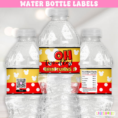 Boy mouse themed water bottle labels in black, yellow, and red with white polka dots. Custom wraps for boys’ drinks and Oh Twodles 2nd birthday decorations