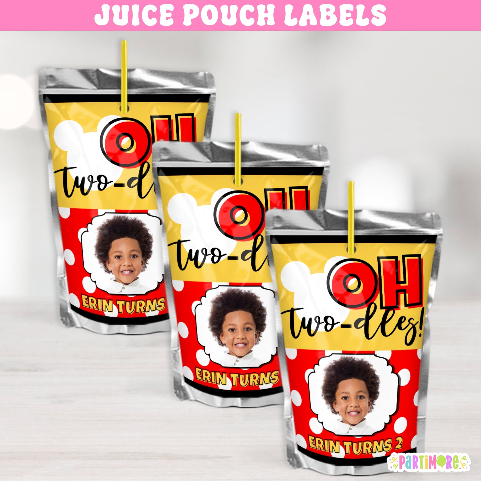 Custom juice pouch labels in black, yellow, and red with white polka dots and cartoon mouse theme. Personalized drink stickers for boys’ Oh Twodles 2nd birthday parties and clubhouse celebrations.
