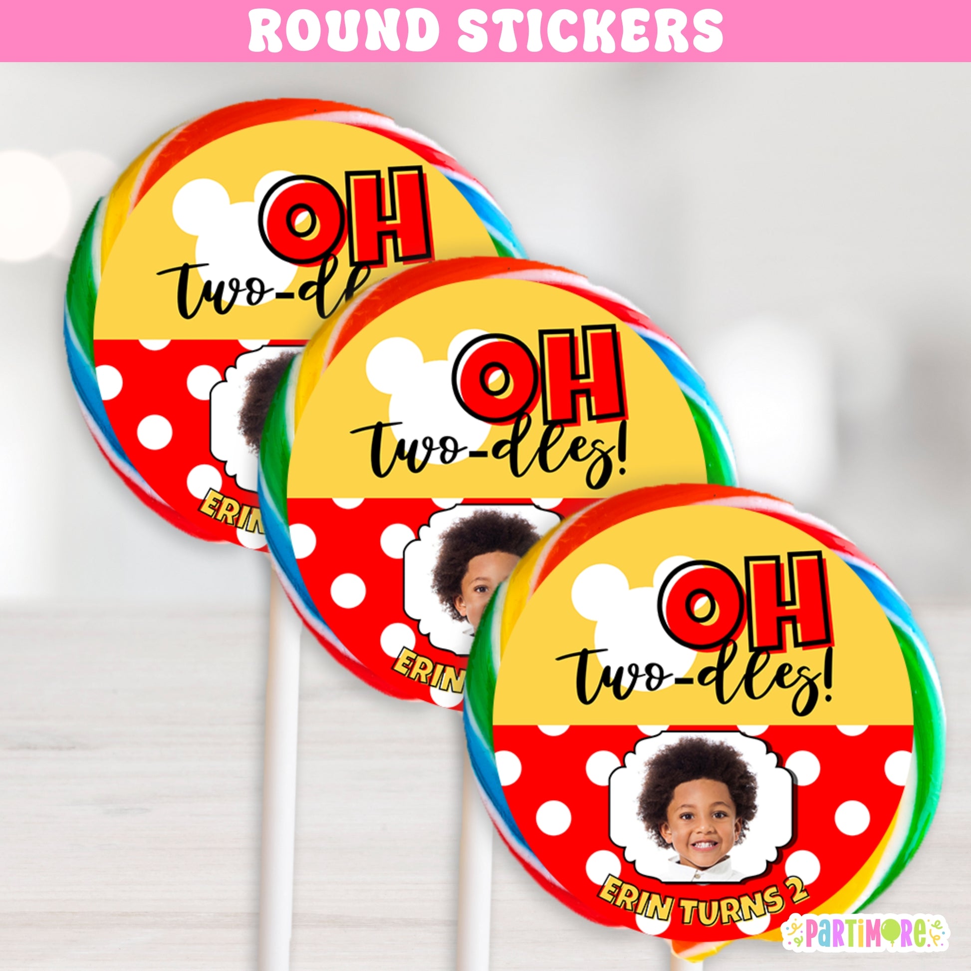 Round party favor stickers in black, yellow, and red with white polka dots and cartoon mouse design. Perfect for sealing lollipop wrappers, candy bags, and boys’ Oh Twodles 2nd birthday birthday party favors