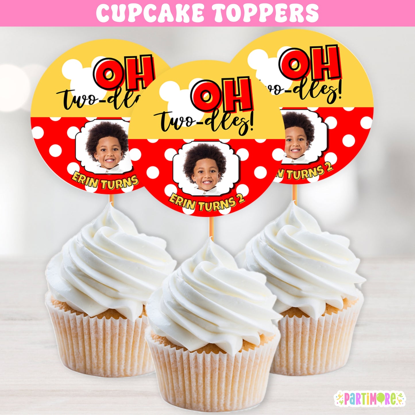 Mouse cupcake toppers in black, yellow, and red with white polka dots and cartoon mouse design. Perfect for boys’ Oh Twodles 2nd birthday cupcakes and clubhouse themed dessert tables.