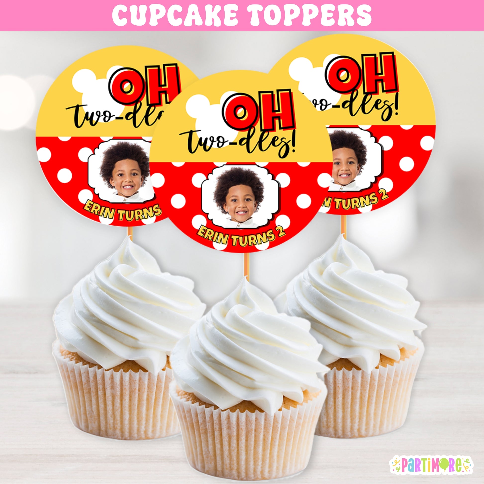 Mouse cupcake toppers in black, yellow, and red with white polka dots and cartoon mouse design. Perfect for boys’ Oh Twodles 2nd birthday cupcakes and clubhouse themed dessert tables.