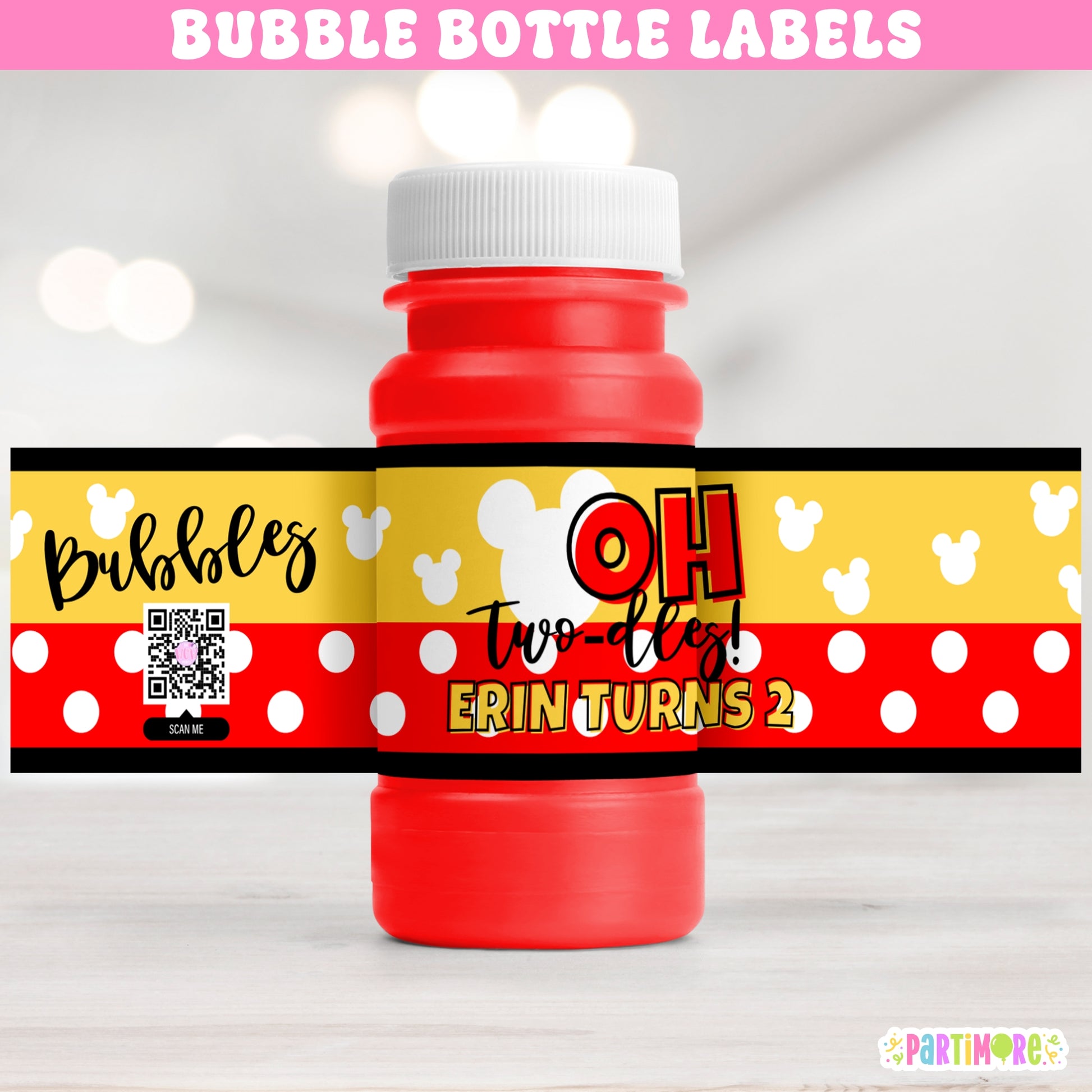 Personalized bubble bottle labels in black, yellow, and red with white polka dots and cartoon mouse design. Custom Oh Twodles 2nd birthday party favor wraps for boys’ birthdays and classic clubhouse themed celebrations