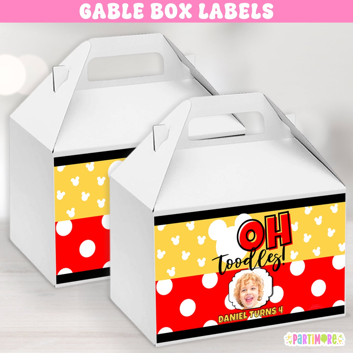 Personalized gable box labels in black, yellow, and red with white polka dots and cartoon mouse design. Ideal for boys’ birthday favor boxes and Oh Twodles 2nd birthday style celebrations