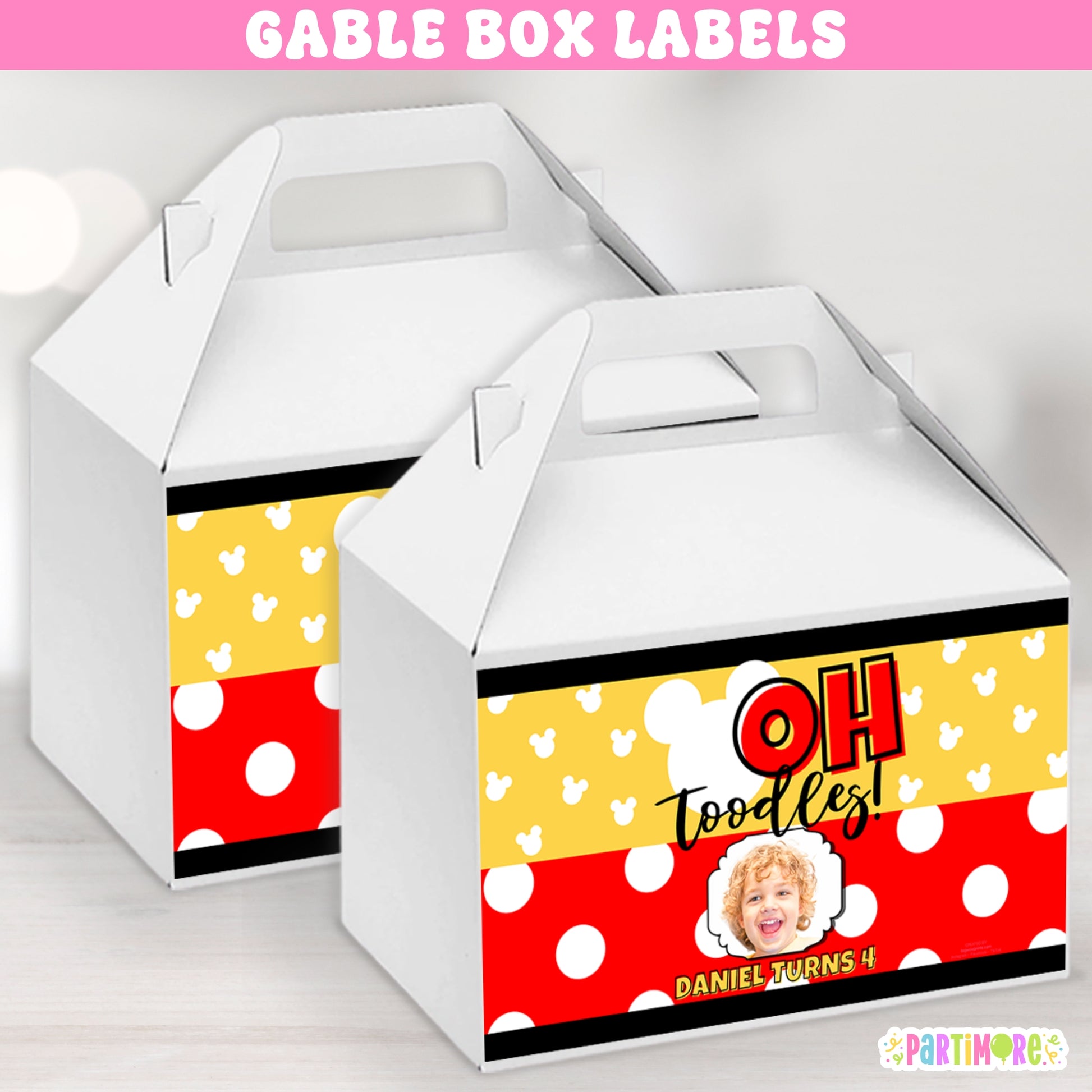 Personalized gable box labels in black, yellow, and red with white polka dots and cartoon mouse design. Ideal for boys’ birthday favor boxes and Oh Twodles 2nd birthday style celebrations