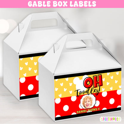 Personalized gable box labels in black, yellow, and red with white polka dots and cartoon mouse design. Ideal for boys’ birthday favor boxes and Oh Twodles 2nd birthday style celebrations