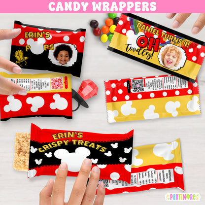 mouse candy bar wrappers in black, yellow, and red with white polka dots design. Personalized Oh Twodles 2nd birthday party favor wrappers for boys’ clubhouse or polka dot themed celebrations