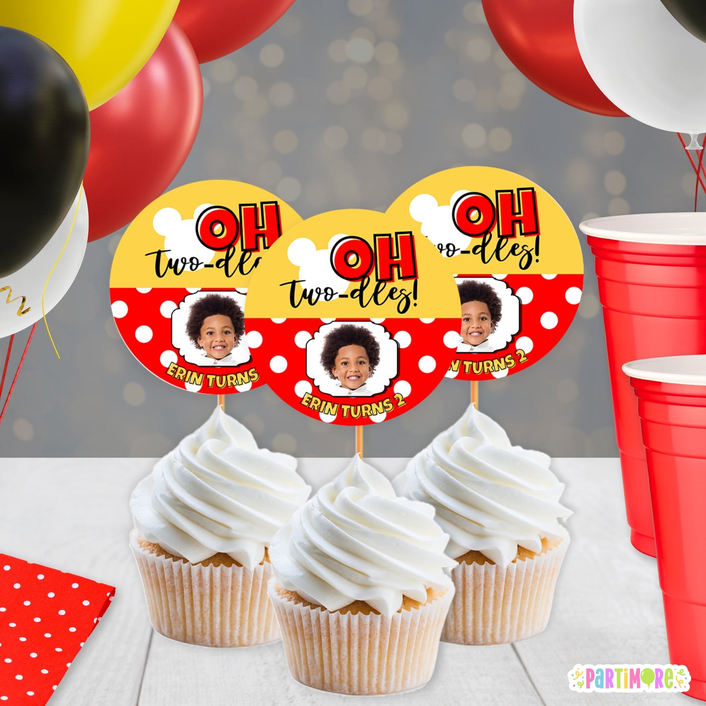 Personalized Mouse Cupcake Toppers | Boys Oh Twodoles 2nd Birthday Party Decor