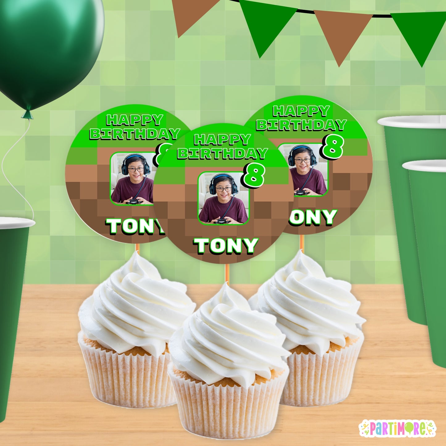 Pixel Gaming Cupcake Toppers | Personalized Gamer Birthday Decorations | Pixilated Party Favors