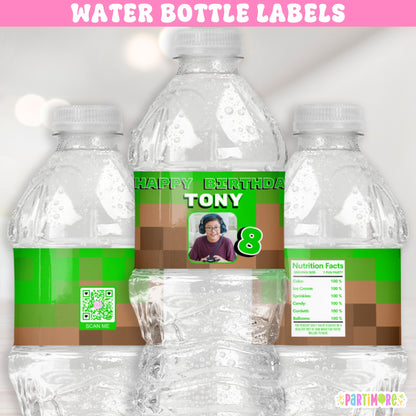 Pixilated Gamer Water Bottle Labels | Personalized Gaming Birthday Party Favor Stickers