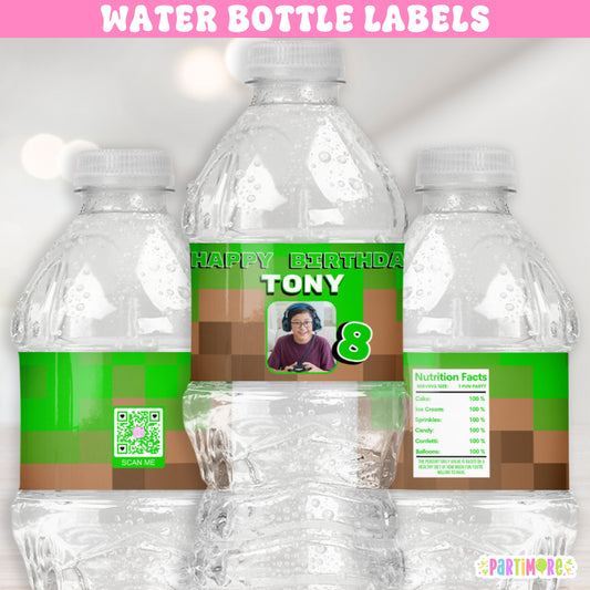 Pixilated Gamer Water Bottle Labels | Personalized Gaming Birthday Party Favor Stickers
