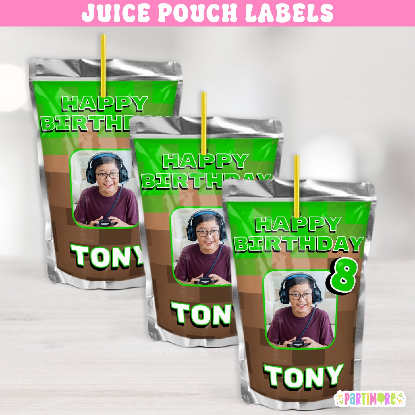 Custom Pixel Juice Labels | Personalized Gamer Birthday Drink Stickers