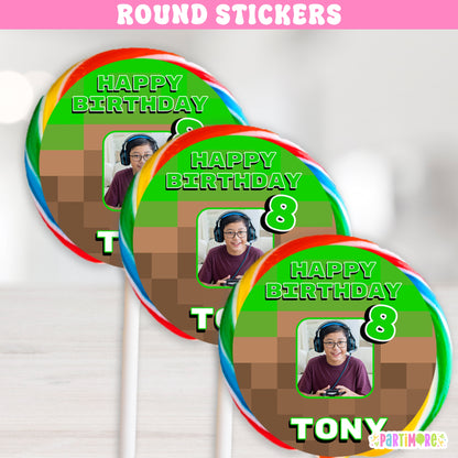 Personalized Pixel Gamer Birthday Stickers | Custom Gaming Party Favor Labels