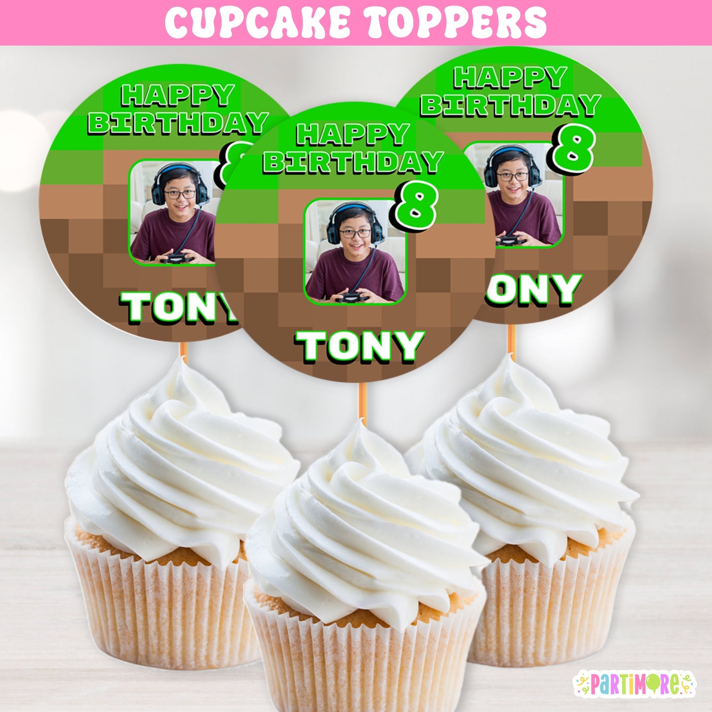 Pixel Gaming Cupcake Toppers | Personalized Gamer Birthday Decorations | Pixilated Party Favors