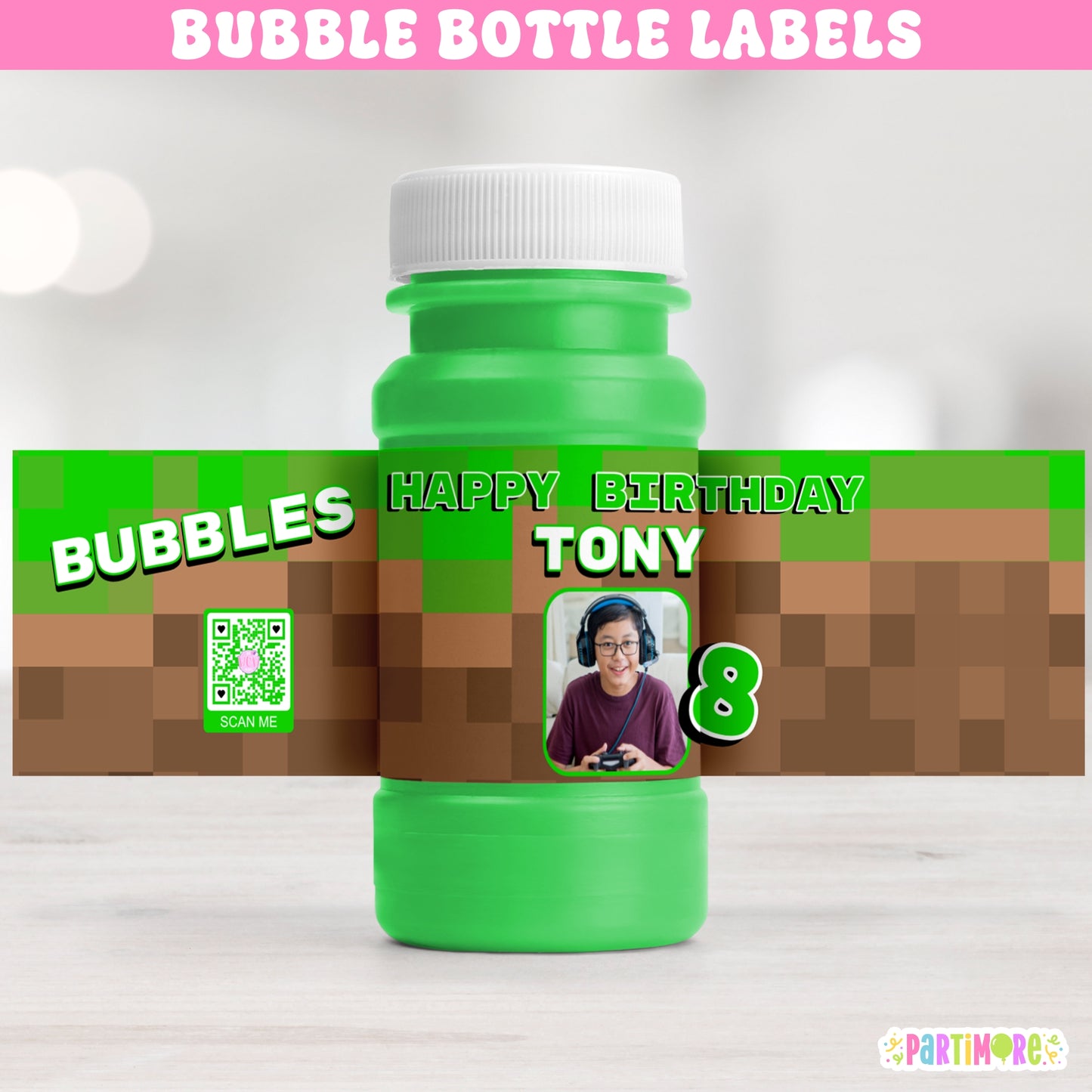 Personalized Pixel Game Bubble Bottle Labels | Gamer Party Favor Stickers