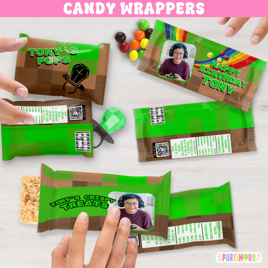 Custom Gamer Candy Wrappers | Personalized Pixel Game Birthday Party Favors | Gamer Party Bags