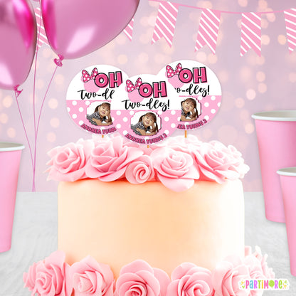 Personalized Oh Twodles Mouse Cupcake Toppers | Pink Bow 2nd Birthday Party Picks