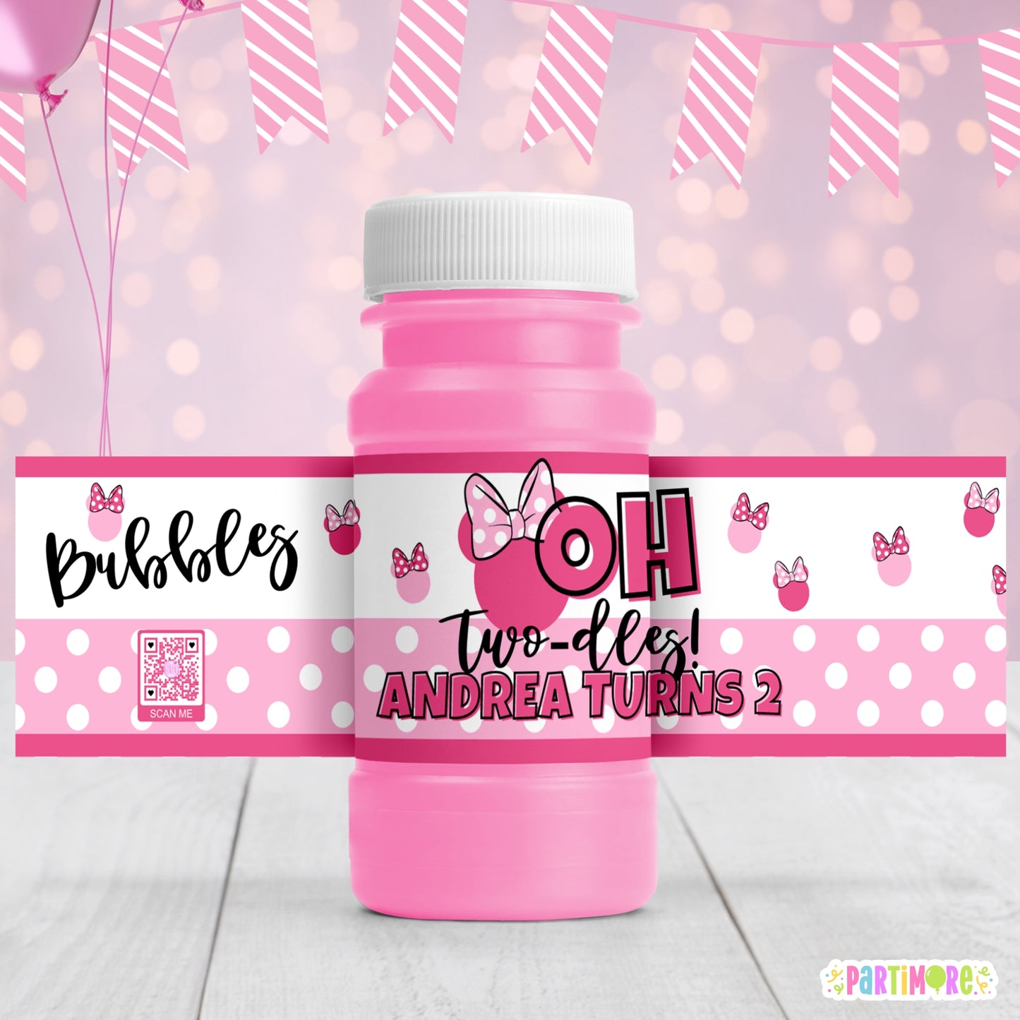 Personalized Oh Twodles Bubble Bottle Labels | Pink Polka Dot 2nd Birthday Party Stickers