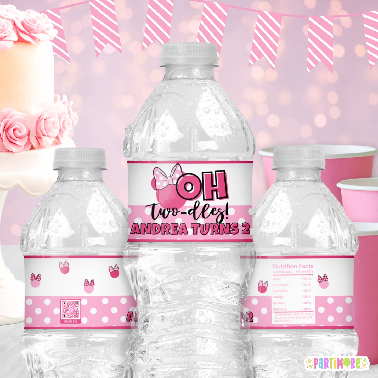 Personalized Oh Twodles Water Bottle Labels | Pink 2nd Birthday Drink Wraps