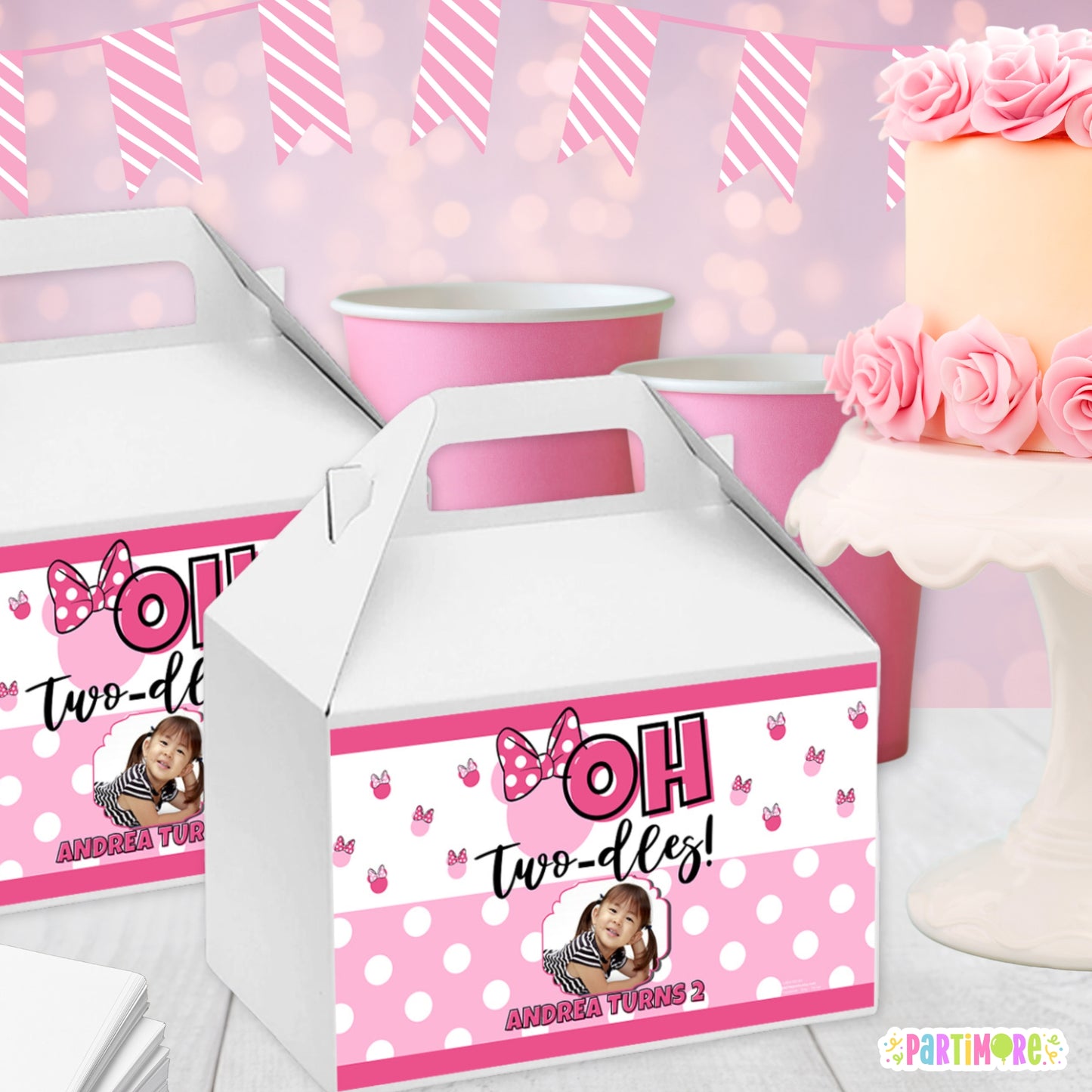 Personalized Gable Box Labels | Oh Twodles Pink Bow 2nd Birthday Stickers