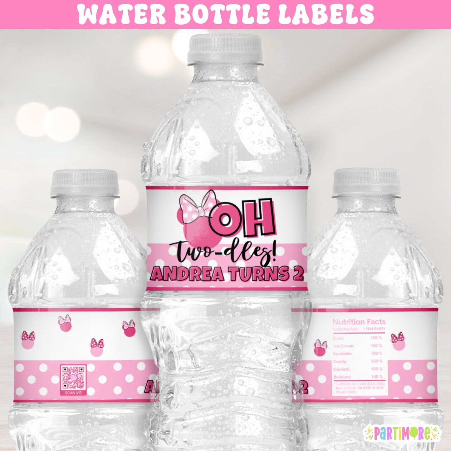 Girls Oh Twodles second birthday personalized water bottle labels in pink with white polka dots design. Perfect for girls’ birthday party drinks, polka dot themes, and clubhouse style celebrations.