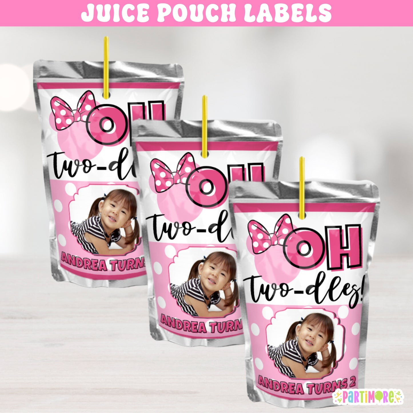 Personalized Oh Twodles 2nd birthday juice pouch labels in pink with white polka dots design. Custom drink wraps for girls’ birthdays, polka dot parties, and clubhouse style themes