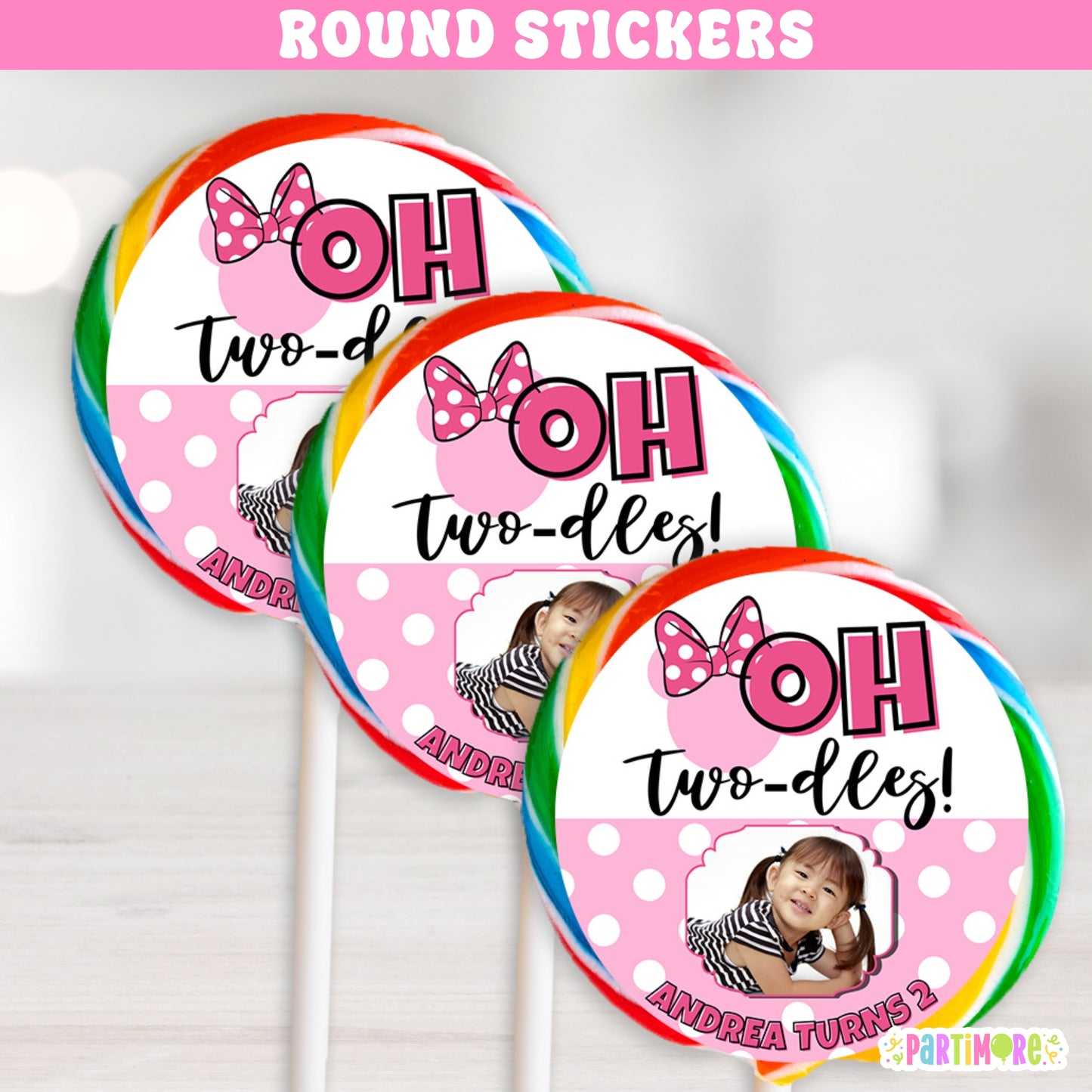 Oh twodles 2nd birthday round party favor stickers in pink with white polka dots and cute mouse design. Ideal for lollipop wrappers, treat bag seals, and girls’ birthday party favors