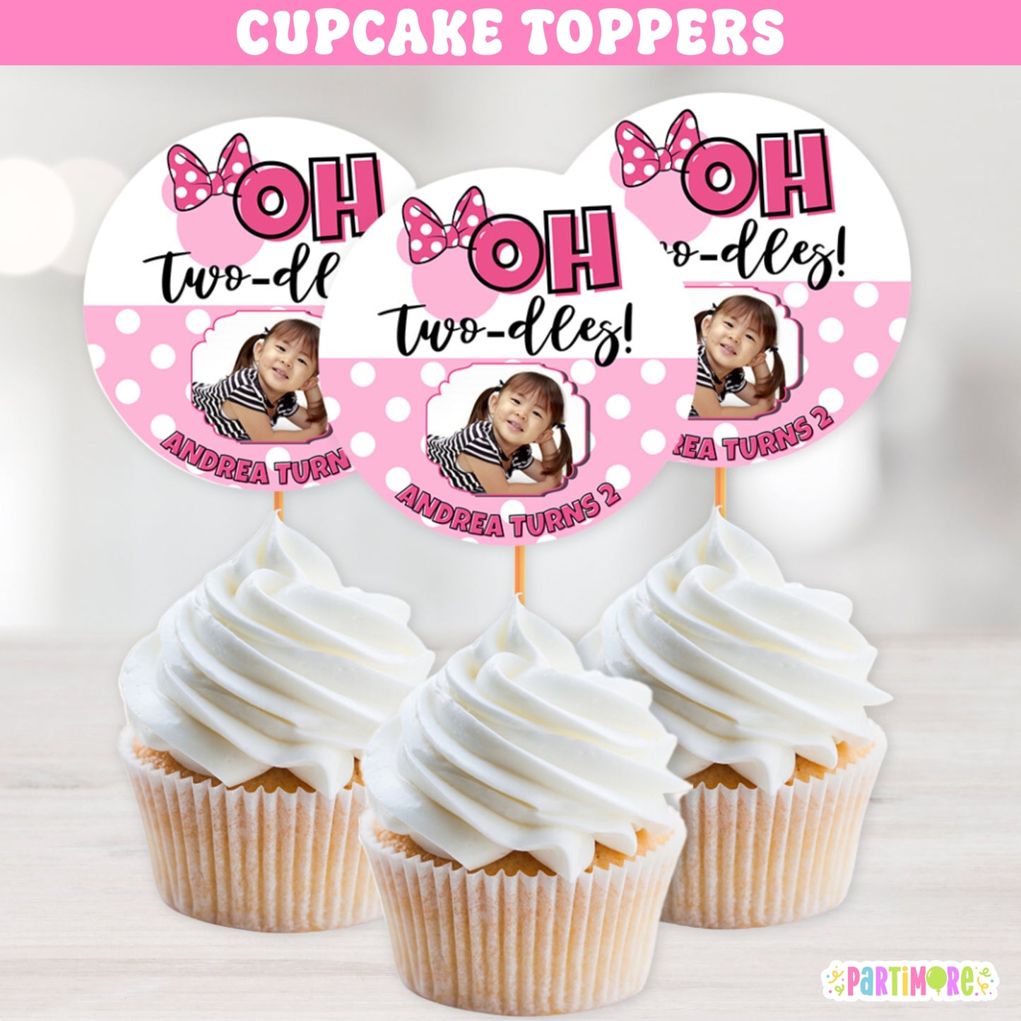 Oh Twodles girls second birthday cupcake toppers in pink with white polka dots and mouse ears design. Perfect for girls’ birthday cupcakes, polka dot themes, and clubhouse style parties