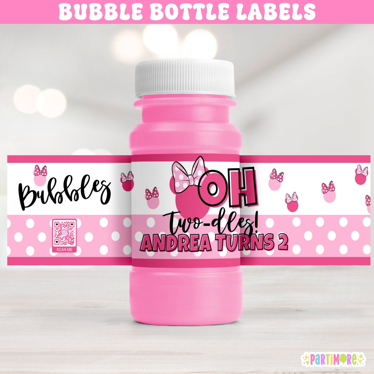 Custom Oh Twodles bubble bottle labels in pink with white polka dots second birthday design. Personalized wraps for girls’ birthday party favors and clubhouse inspired themes.