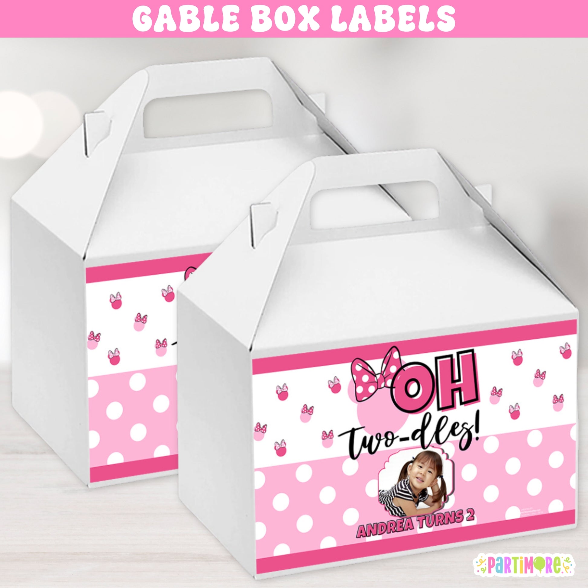Custom second birthday gable box labels in pink with white polka dots Twodles design. Perfect for girls’ 2nd birthday favor boxes, polka dot treats, and clubhouse themed parties.