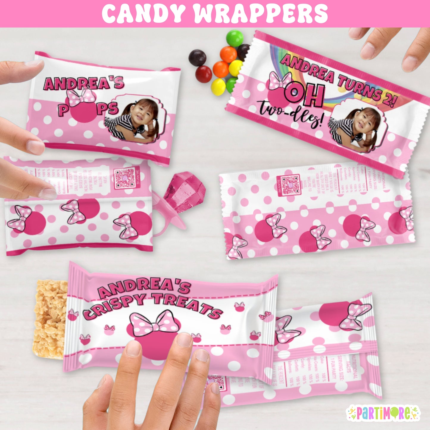 Girl Mouse candy bar wrappers in pink with white polka dots and bow design. Personalized birthday party favor wrappers for girls’ polka dot or bow-themed celebrations