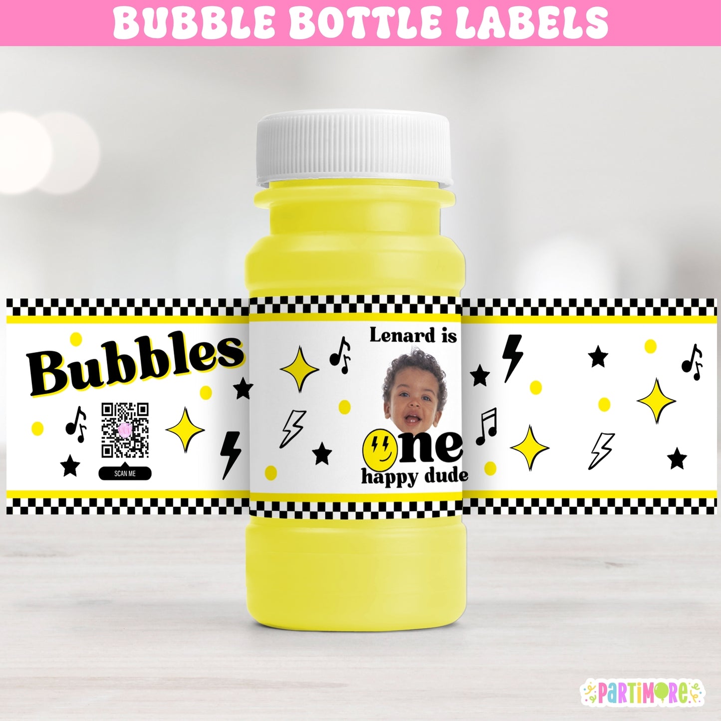 Personalized One Happy Dude Bubble Bottle Labels | Retro Party Stickers