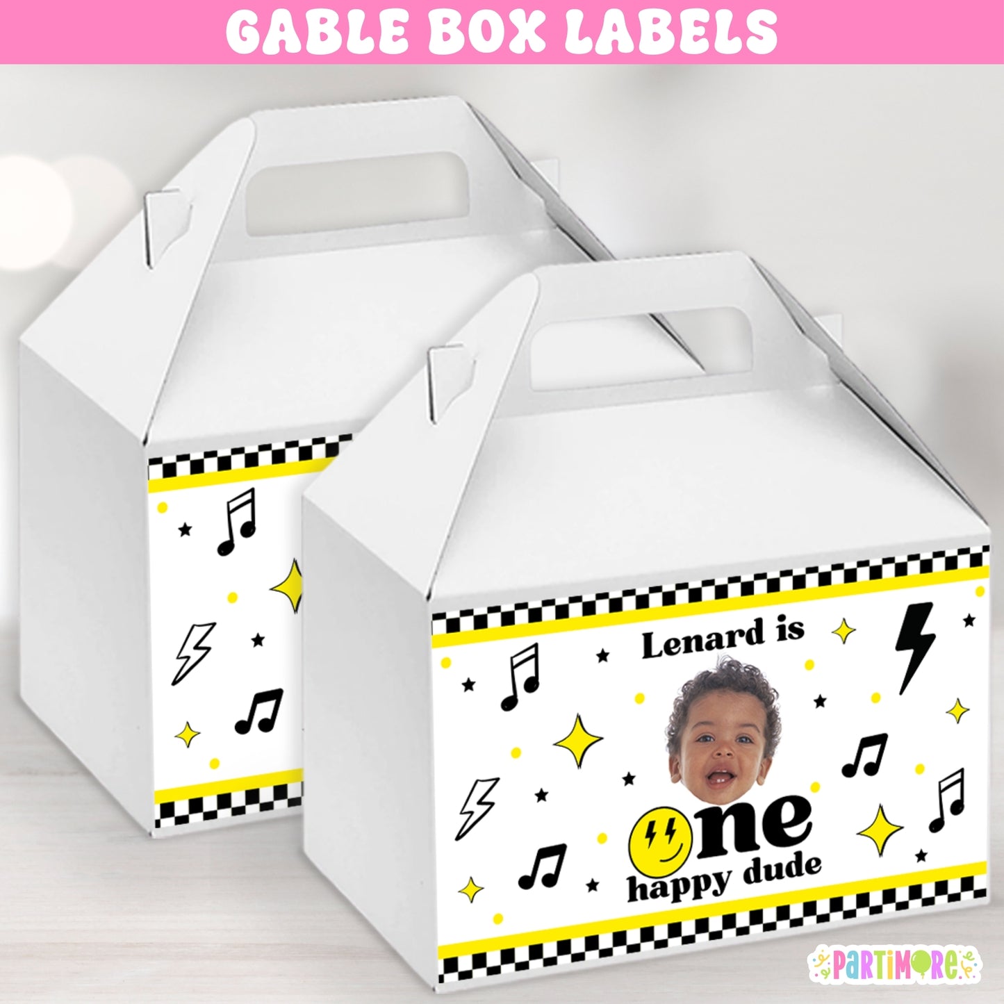 One Happy Dude Gable Box Labels | Personalized Retro Favor Stickers