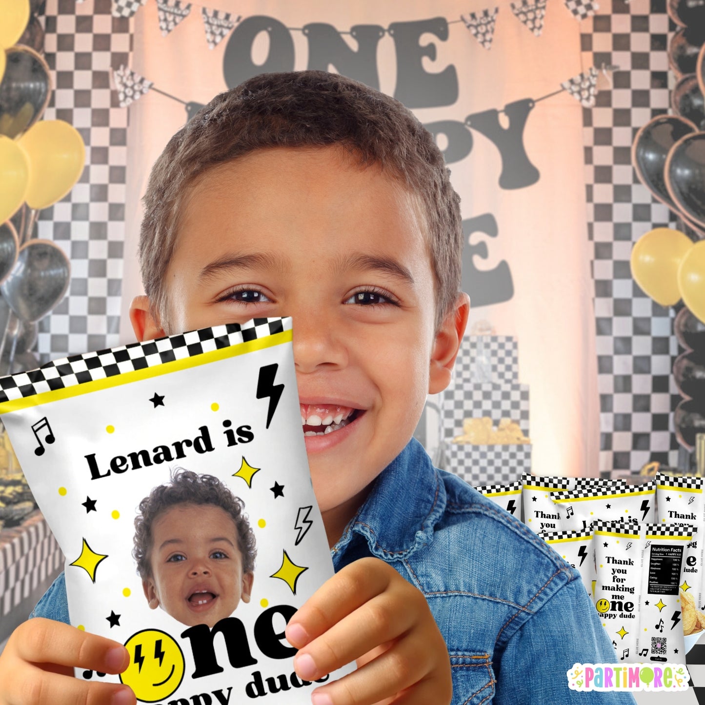 Personalized One Happy Dude Snack Chip Bags | Custom Retro Birthday Favor