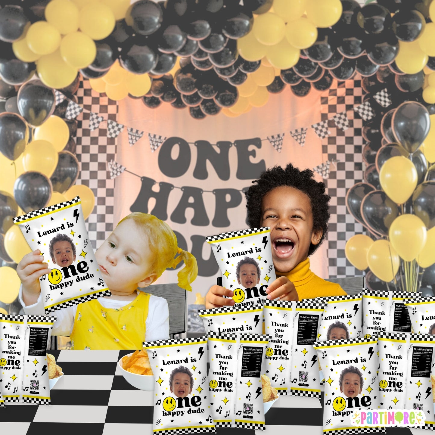 Personalized One Happy Dude Snack Chip Bags | Custom Retro Birthday Favor