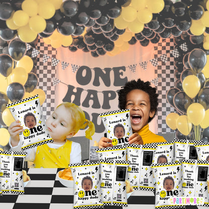 Personalized One Happy Dude Snack Chip Bags | Custom Retro Birthday Favor