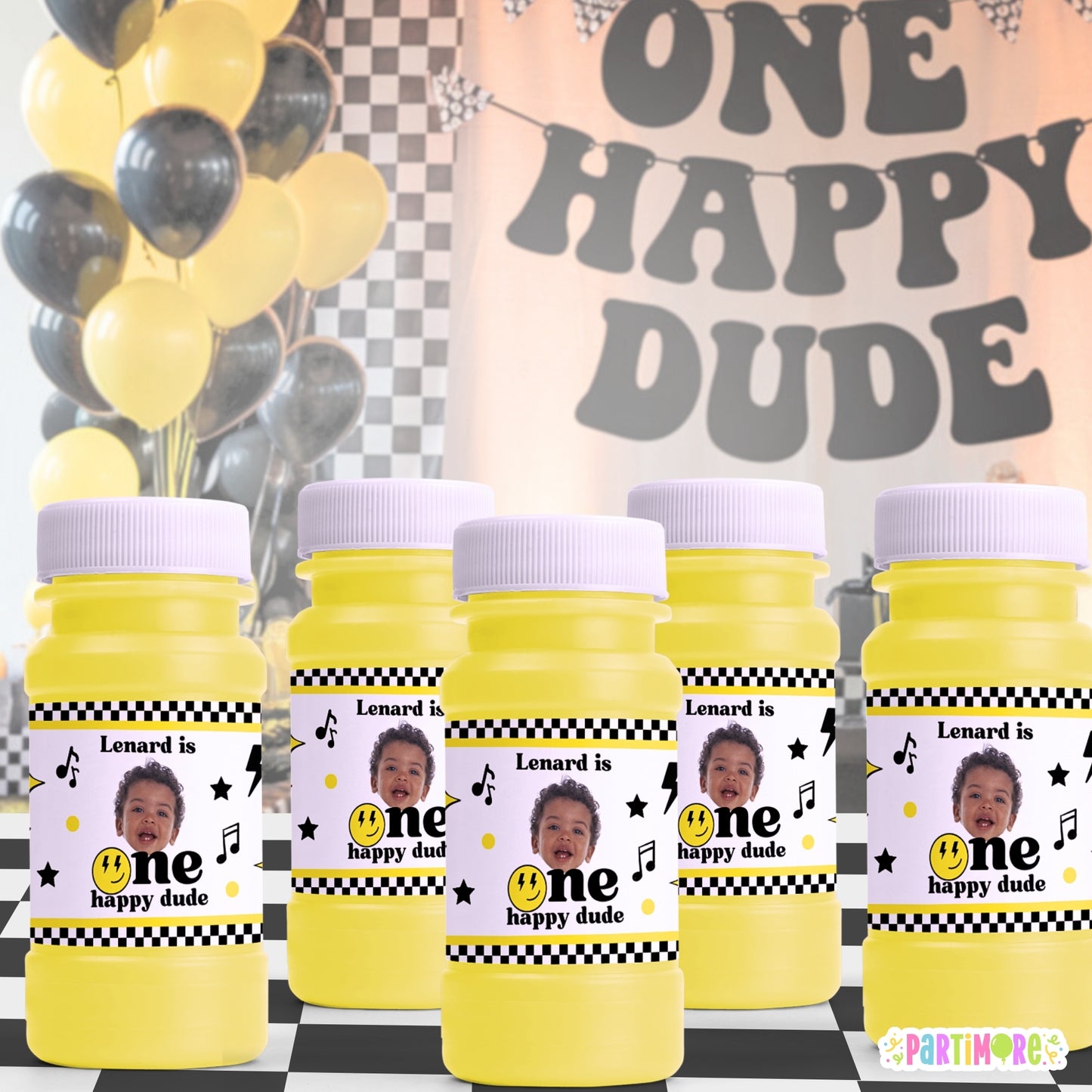 Personalized One Happy Dude Bubble Bottle Labels | Retro Party Stickers