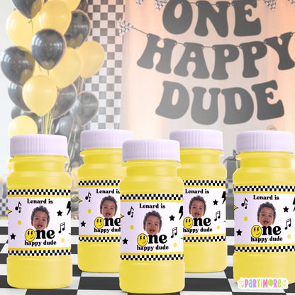 Personalized One Happy Dude Bubble Bottle Labels | Retro Party Stickers