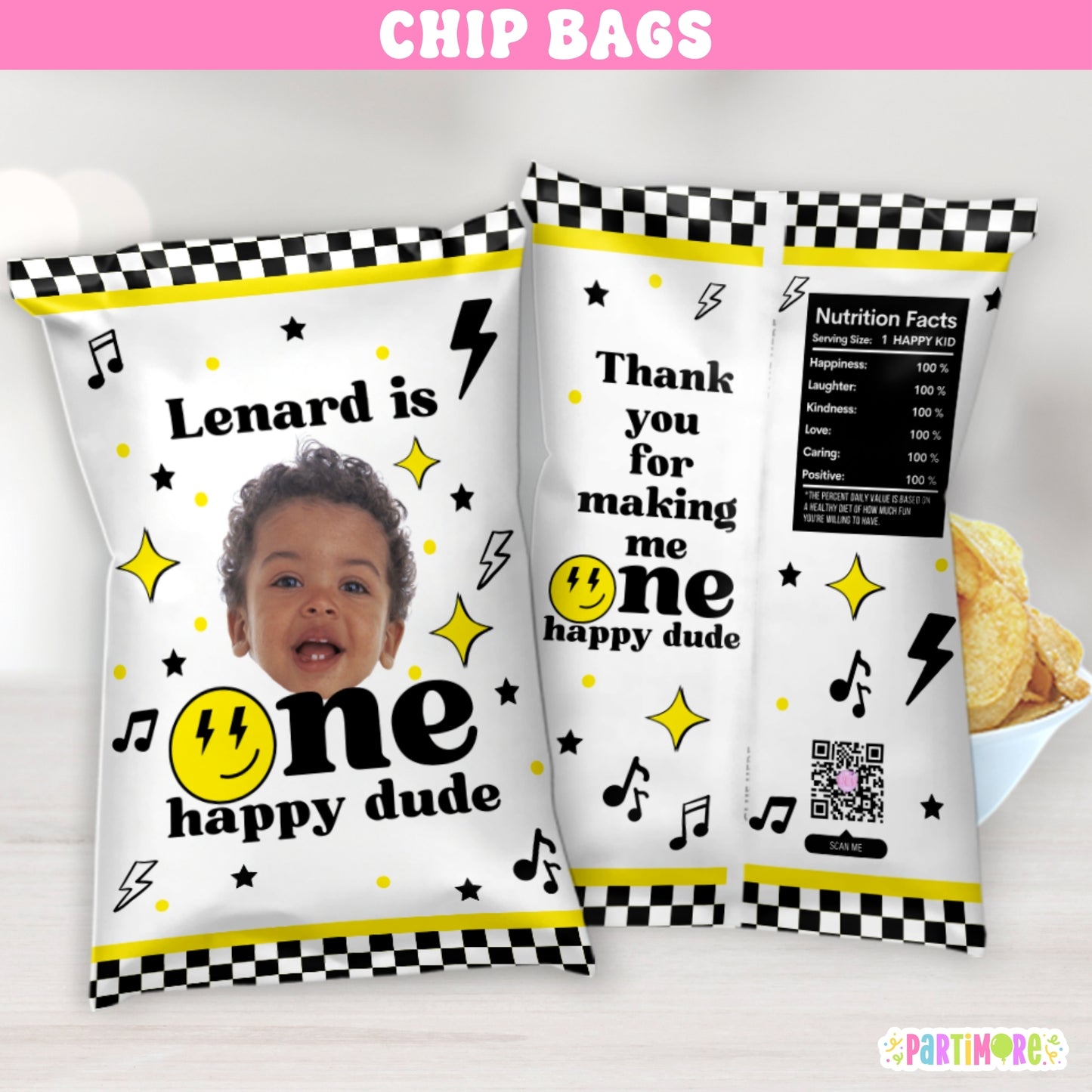 Personalized One Happy Dude Snack Chip Bags | Custom Retro Birthday Favor
