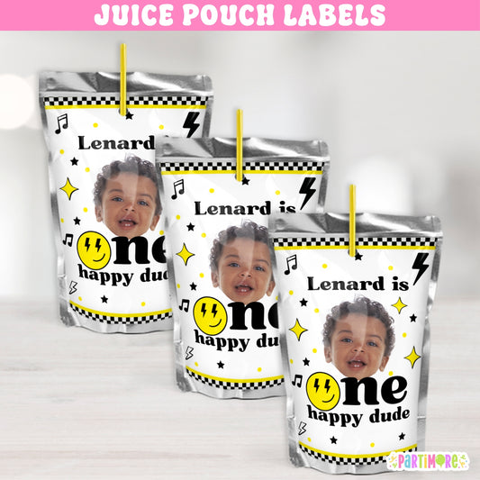 Custom One Happy Dude Juice Labels | Personalized Retro Birthday Drink Stickers