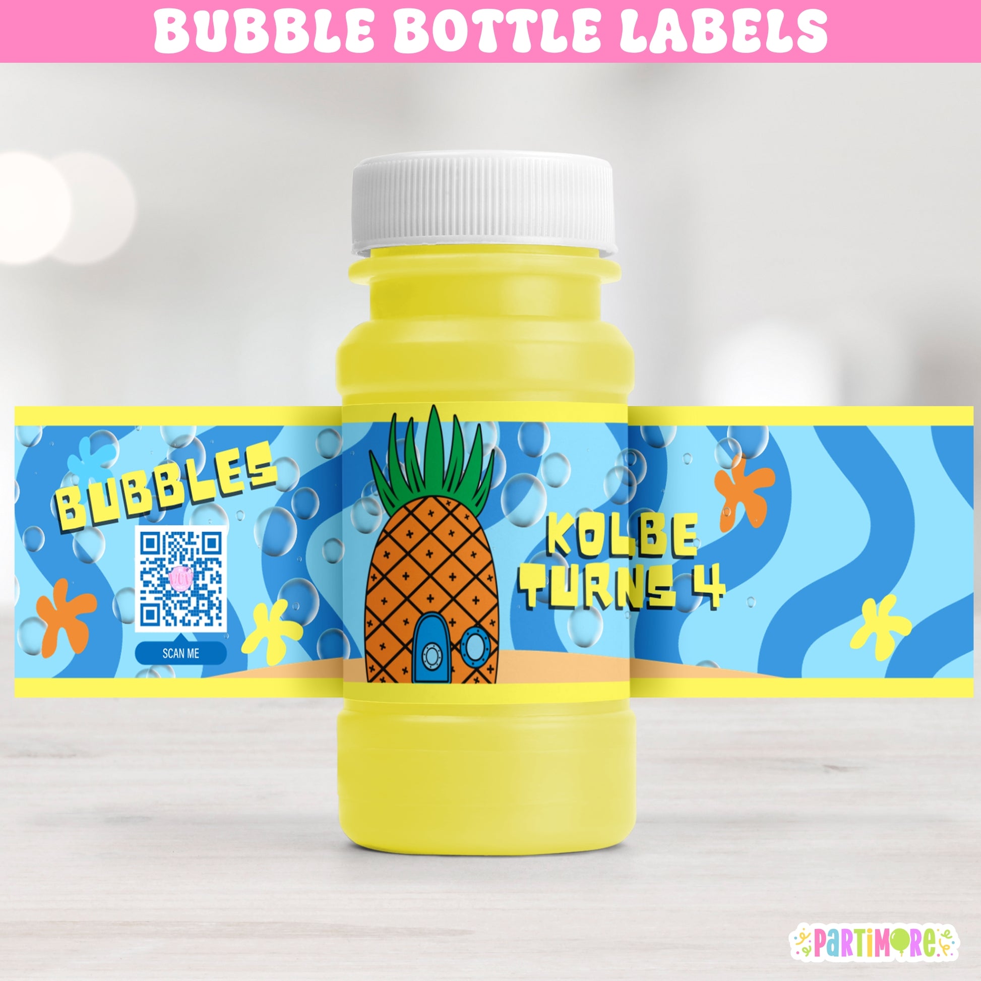 Tropical pineapple bubble bottle labels, under the sea birthday party favors personalized with name and age