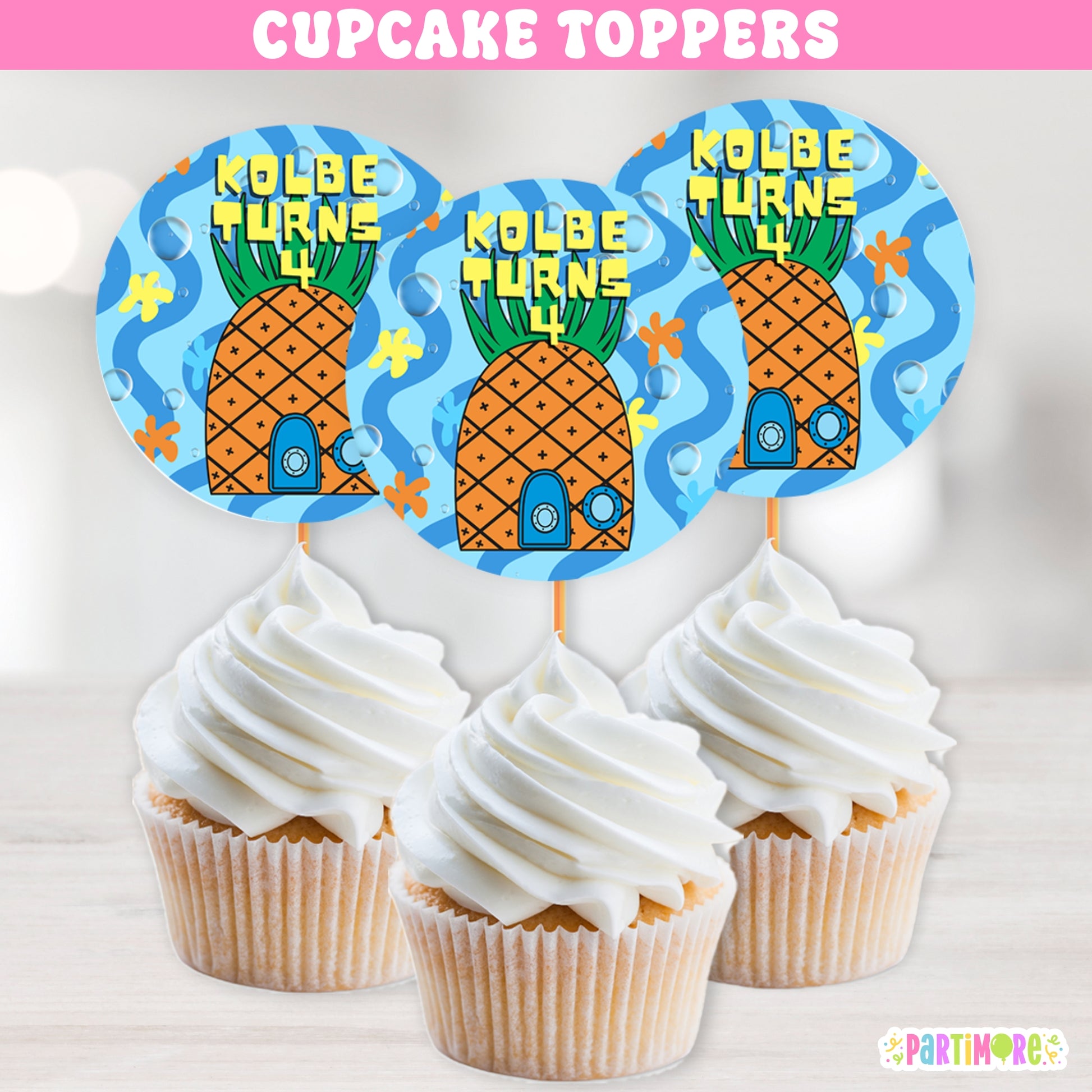 Pineapple ocean cupcake toppers for birthday party, tropical sea theme personalized with name and age