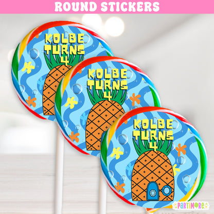 Pineapple birthday lollipop labels, round tropical ocean stickers personalized with name and age